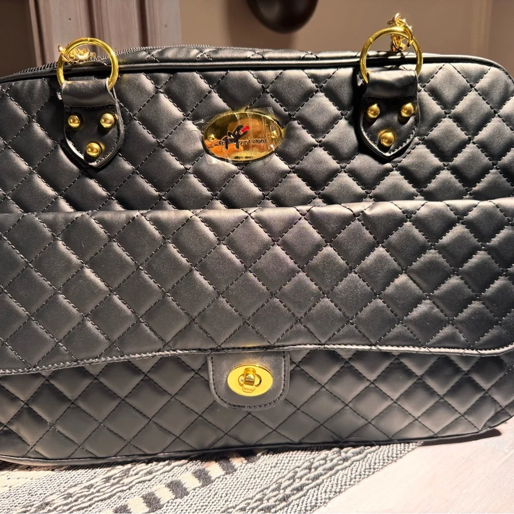 Black Quilted Dog Bag/Carrier with Gold Hardware! New!